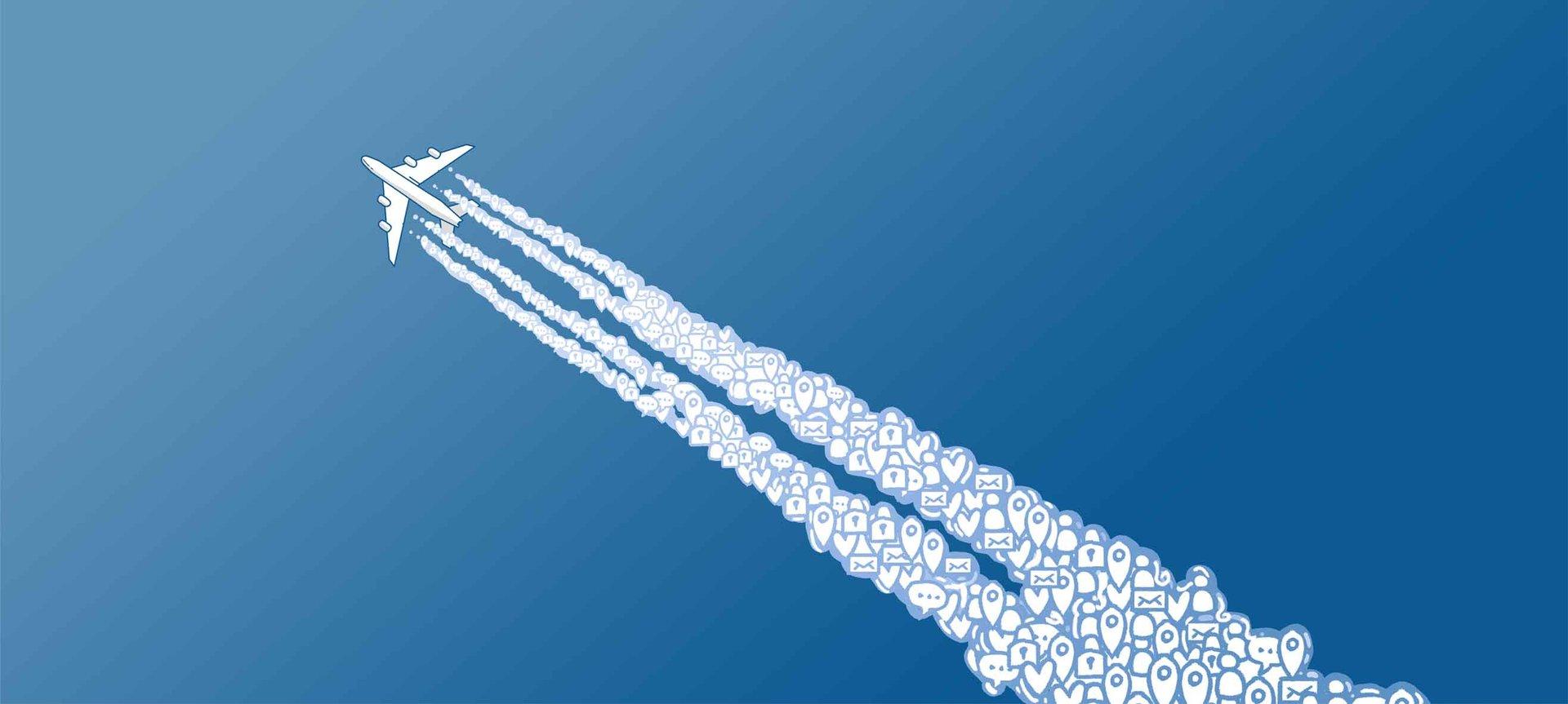Airplane in blue sky with condensation trail as private online information and social media data