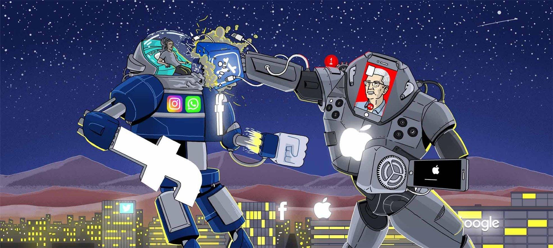 Illustration of Facebook and Apple robots fighting over control
