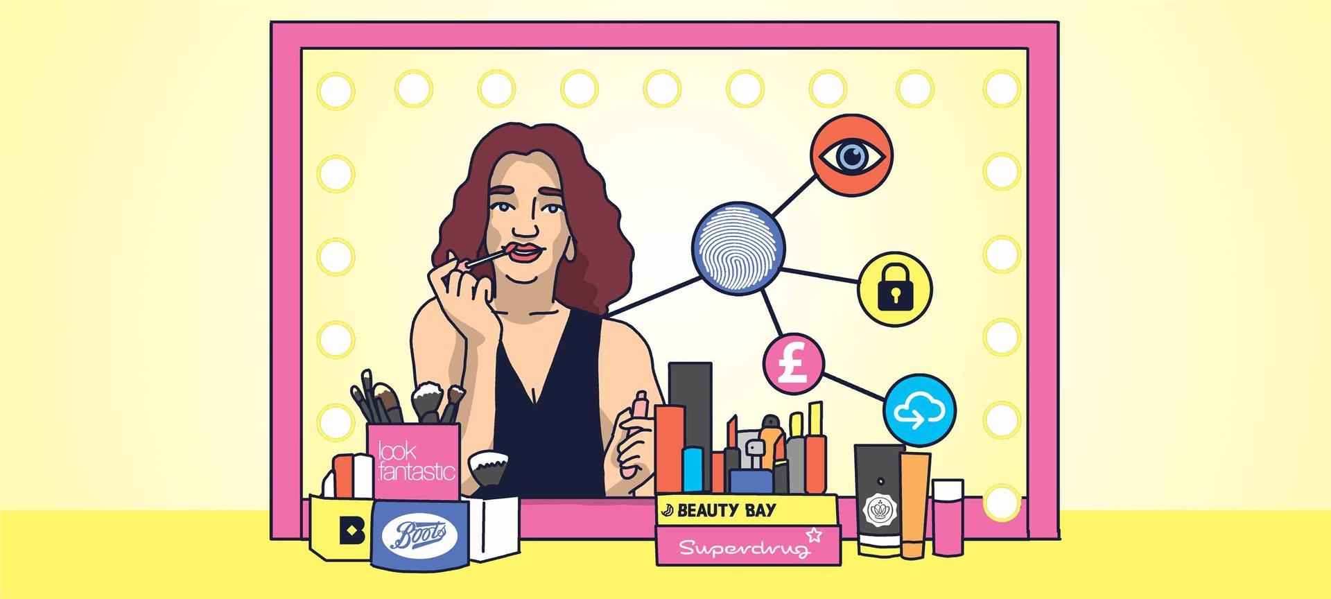 Illustration of a women putting on makeup on her desk, her make up products are being held by containers with top beauty cosmetic brands logos on them. Whilst she puts her make up on the containers are storing her personal data