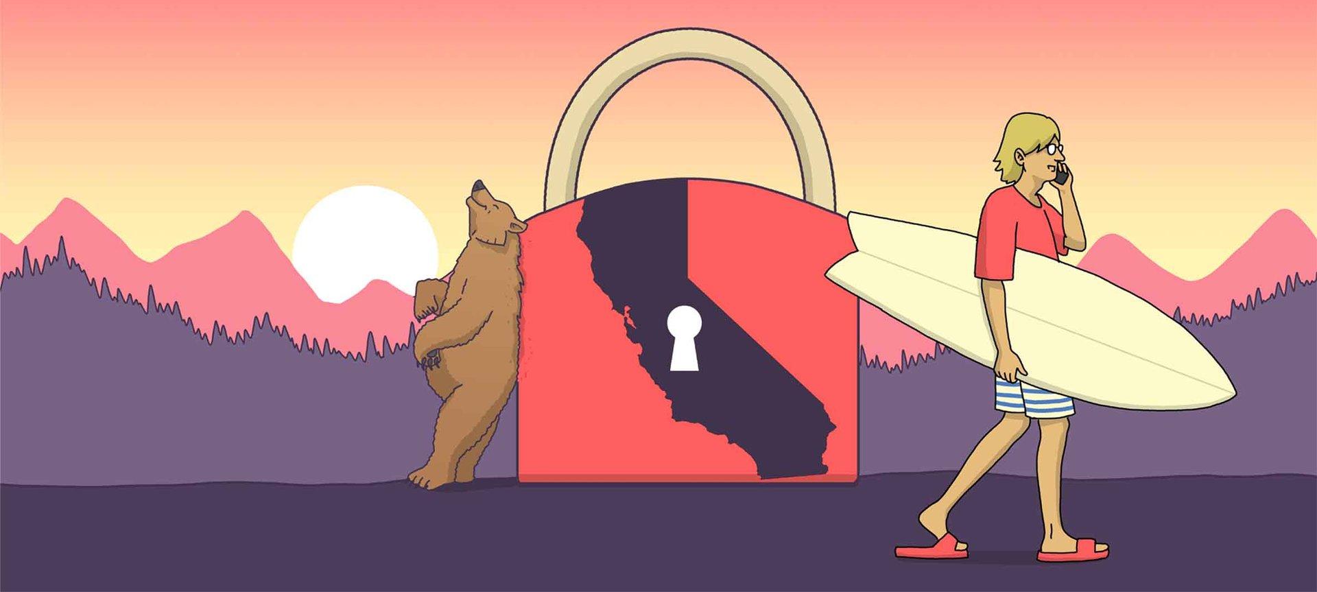 Surfer on phone and bear next to CA state padlock representing California Consumer Protection Act (CCPA)