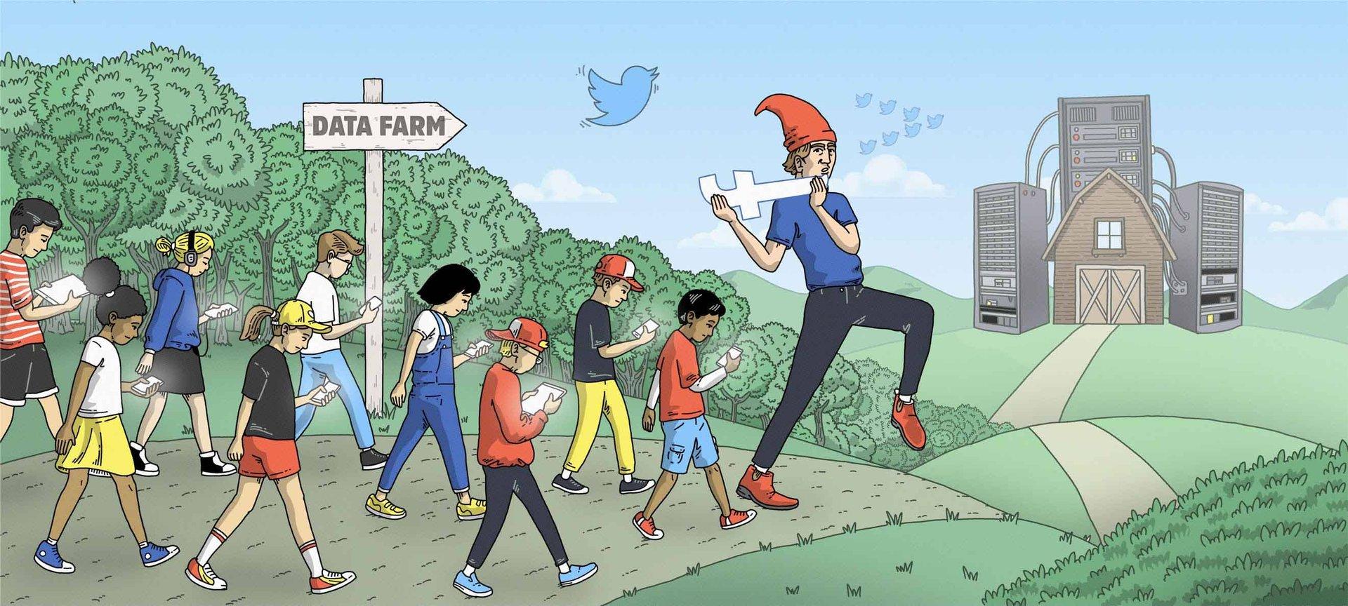 Group of children on mobile devices led by social media pied piper to data farm