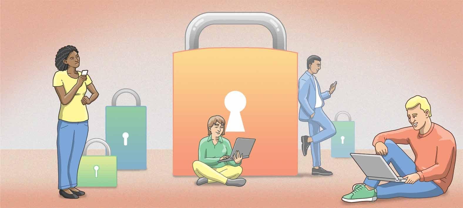People by information security padlocks with online devices after Data Protection Act 2018