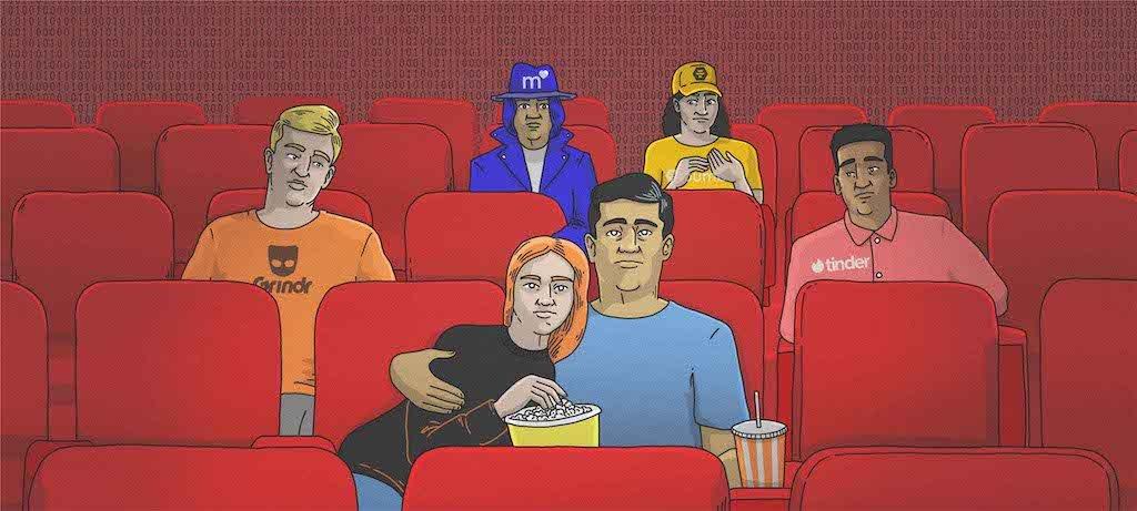 Illustration of a couple inside a cinema, whilst different dating company employees wearing the dating apps brand on their t shirt observing the two couples
