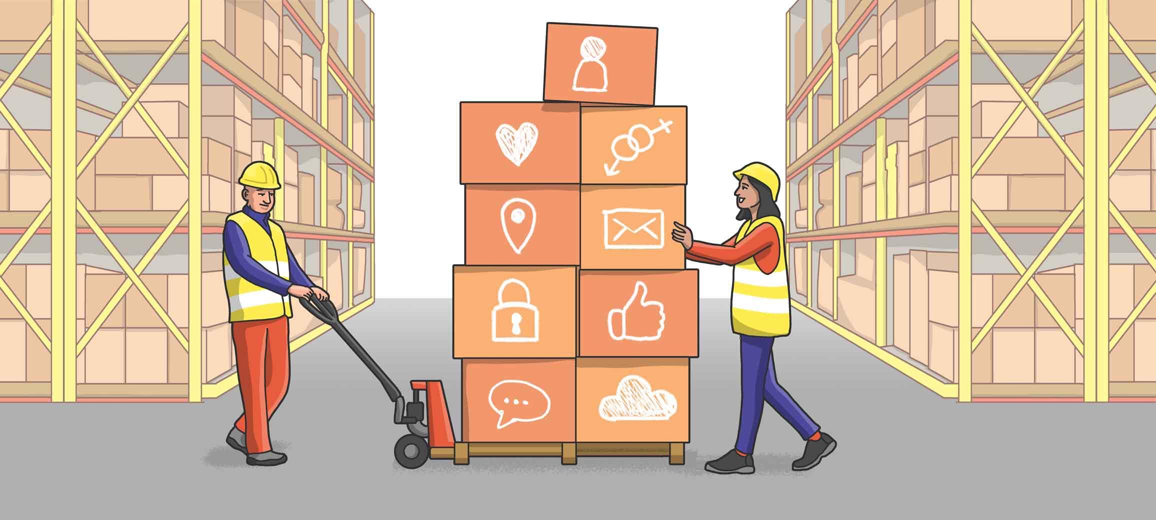 People in warehouse moving boxes of personal information - likes, location, social media data