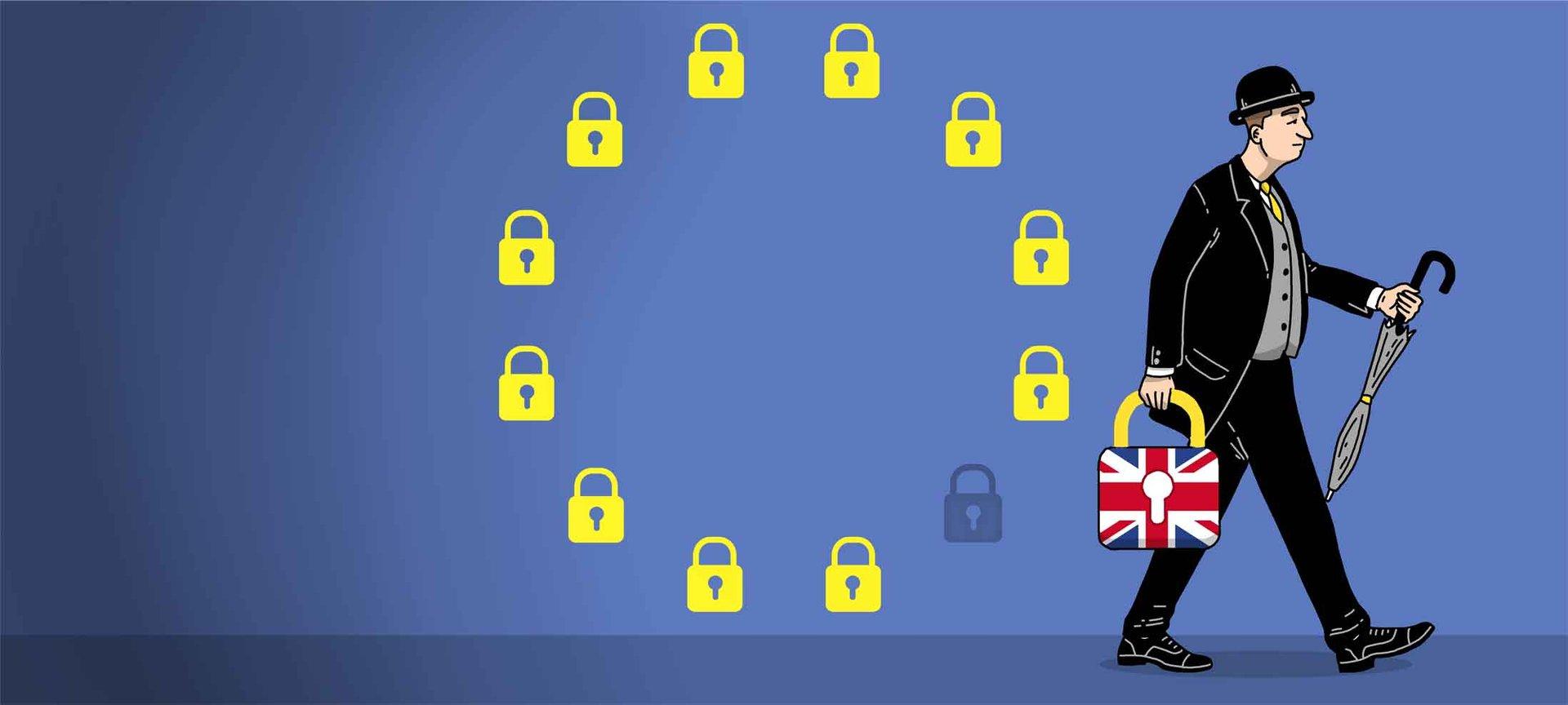 EU flag with GDPR data security padlocks instead of stars and traditional British man taking away UK padlock after Brexit