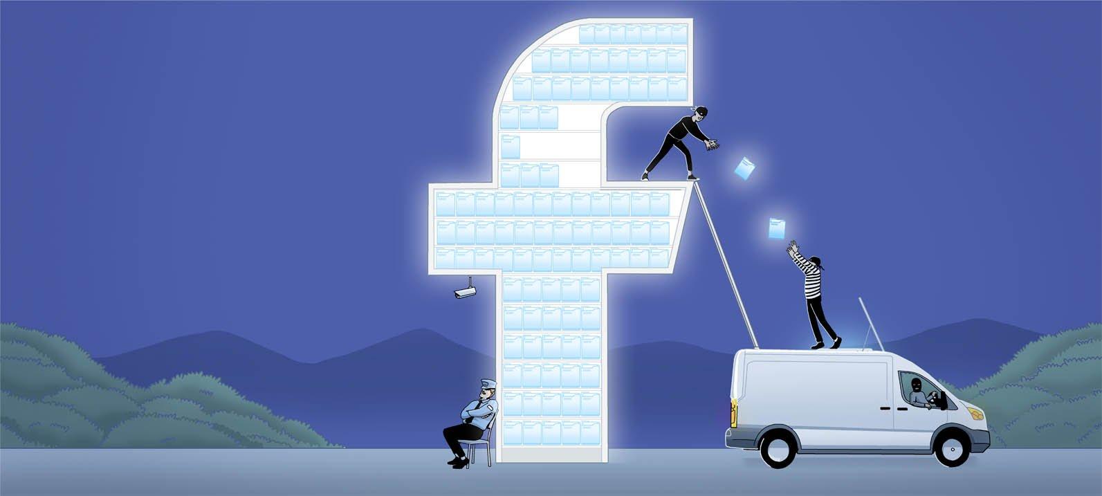 Illustration of  masked thieves stealing data from the Facebook logo