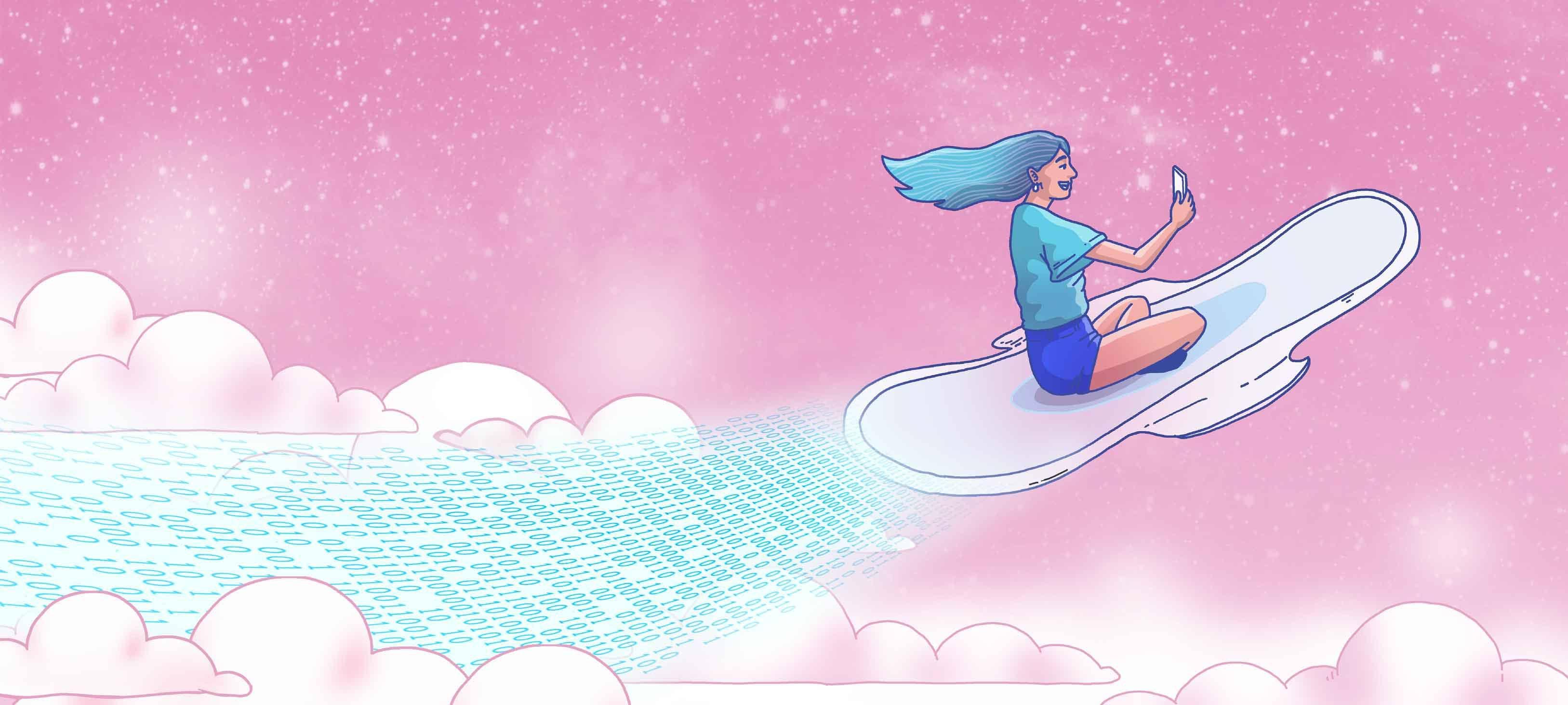 Illustration of women flying along  while looking at her phone, whilst data is seen flowing from behind