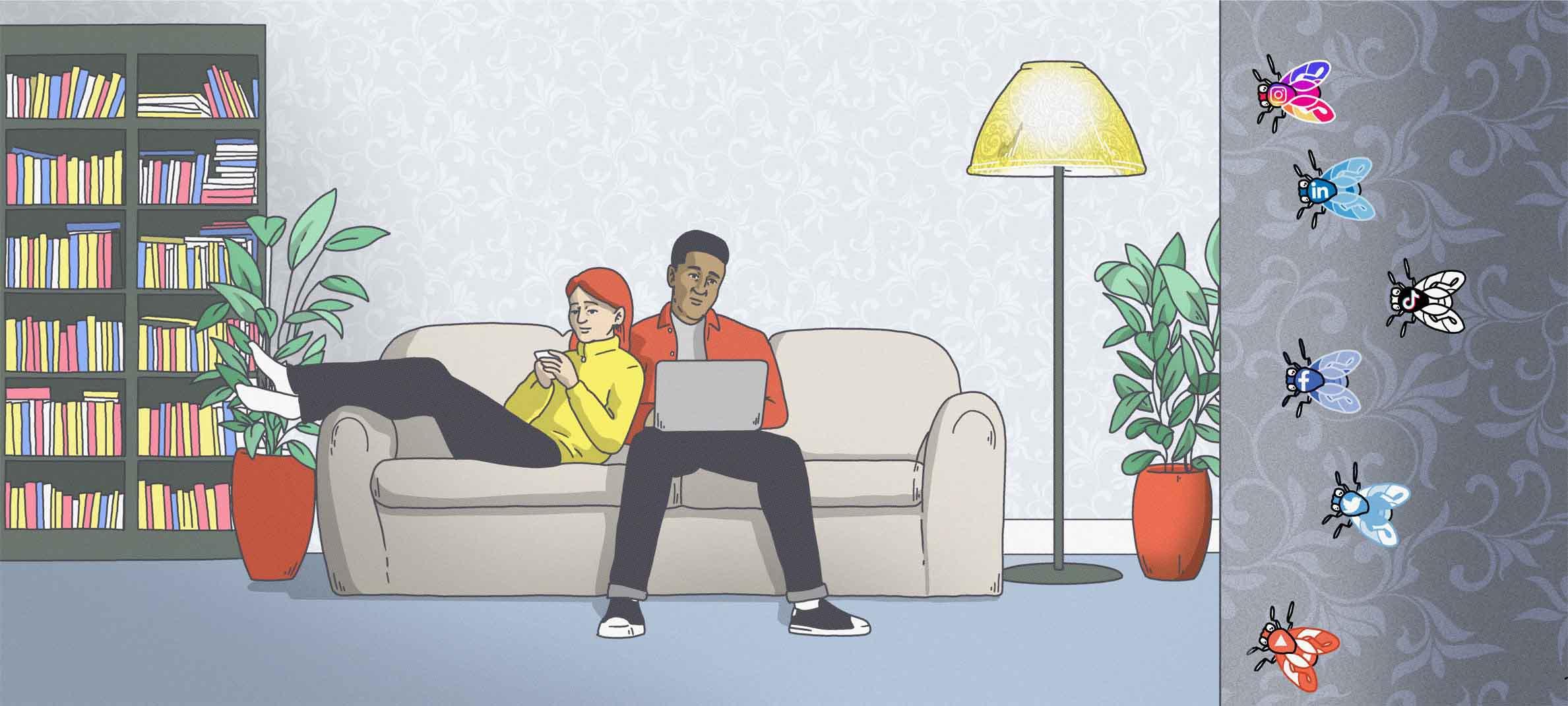 Man and woman on sofa with laptop and flies on wall nearby representing big social media companies