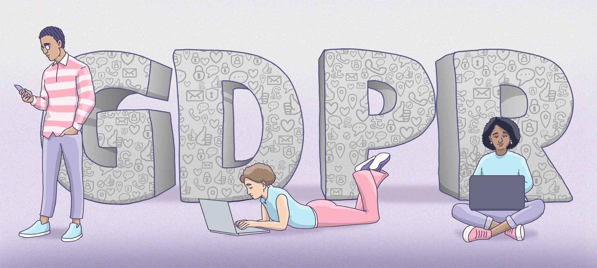 Illustration pof two women on their laptop and a guy on his phone. With a huge GDPR in bold grey fonts in the background