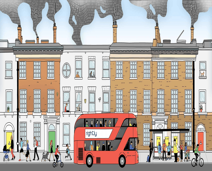 People on and around red double-decker bus labelled "Rightly" on London street with chimneys letting out data in emissions