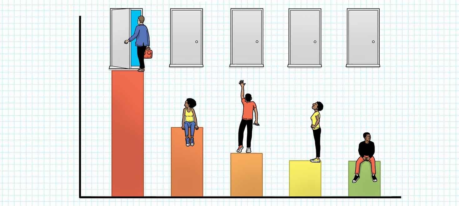 Column chart with white man high up at open door and people of colour lower and out of reach, symbolising racism