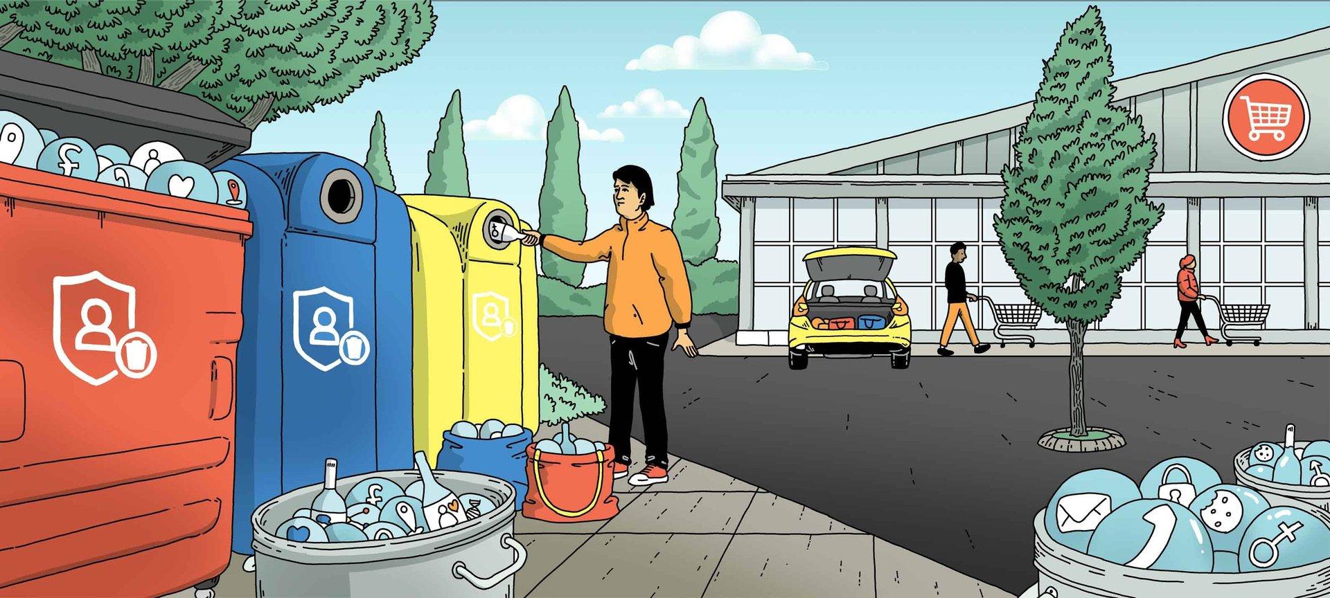 Illustration of a consumer outside a supermarket throwing away his personal information into supermarket companies recycling.